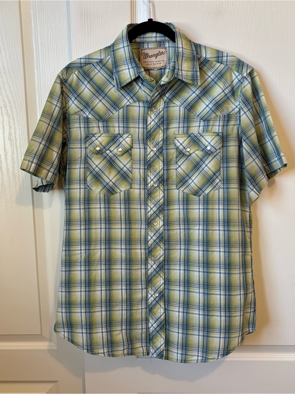 Wrangler Western Fashion Snap Shirt Short Sleeve Green Blue Plaid Men’s Medium